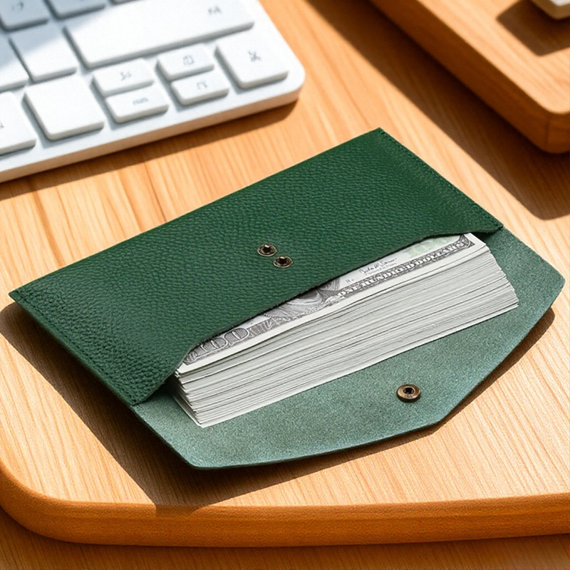 Odinė piniginė su liči tekstūra, itin plona ilga banknotų piniginė kelionėms ir dokumentų saugojimui