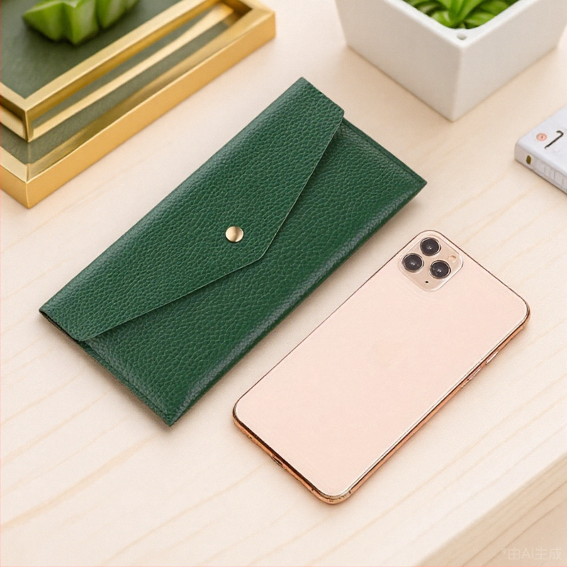 Odinė piniginė su liči tekstūra, itin plona ilga banknotų piniginė kelionėms ir dokumentų saugojimui