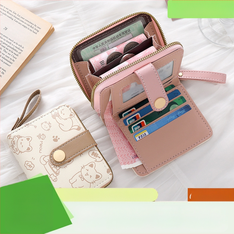 Дамски къс портфейл с катарама в японски стил, PU материал, марка Janus, аниме карикатура мотив, свеж и сладък стил