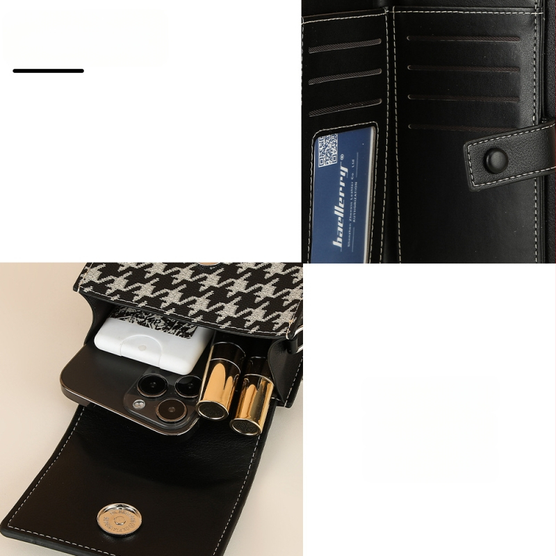 Baellerry moterims PU odos mobiliojo ryšio dėžė, užpakalinis kortelių skyrius, vertikalus magnetinis užsegimas, vidinis užtrauktukas, vertikalaus stačiakampio formos, houndstooth raštas