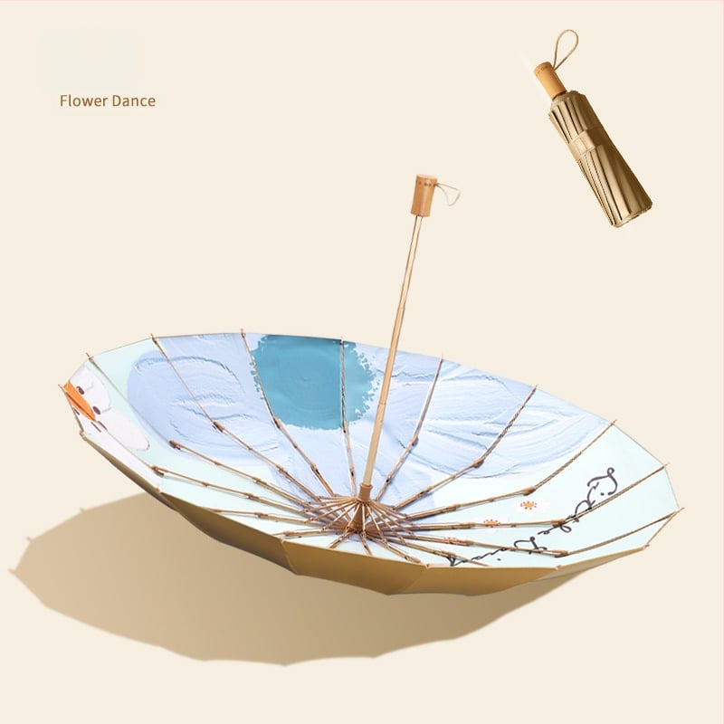 Trys dalių skėtis su 16 ribų, medinė rankenėlė, 210T audinys, UPF >50, rankinis atidarymas, japoniško retro stiliaus