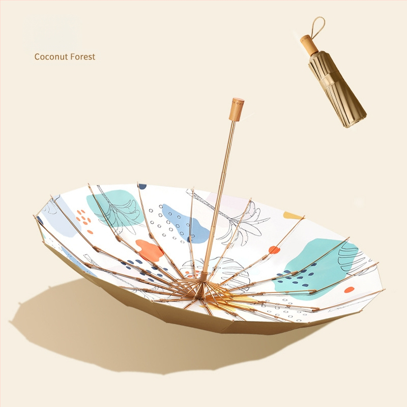 Trys dalių skėtis su 16 ribų, medinė rankenėlė, 210T audinys, UPF >50, rankinis atidarymas, japoniško retro stiliaus