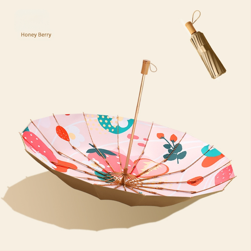 Trys dalių skėtis su 16 ribų, medinė rankenėlė, 210T audinys, UPF >50, rankinis atidarymas, japoniško retro stiliaus