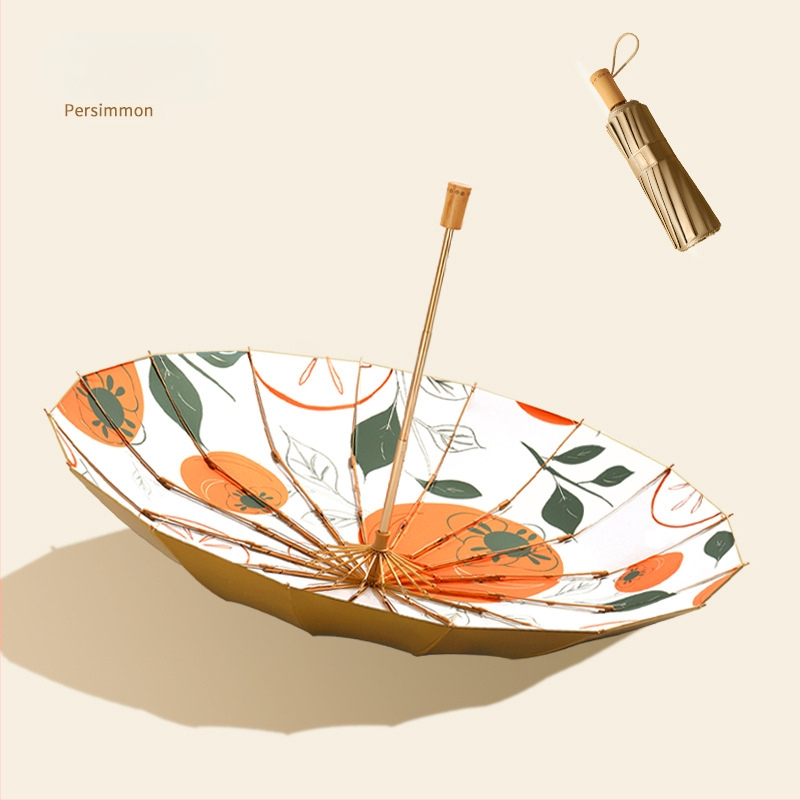 Trys dalių skėtis su 16 ribų, medinė rankenėlė, 210T audinys, UPF >50, rankinis atidarymas, japoniško retro stiliaus