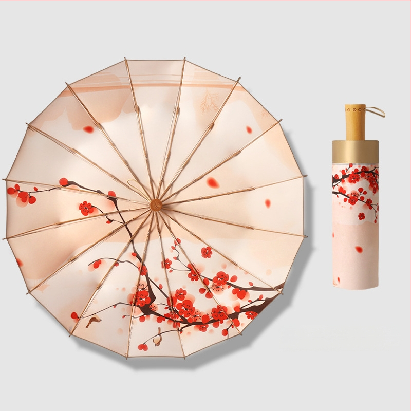 Trys dalių skėtis su 16 ribų, medinė rankenėlė, 210T audinys, UPF >50, rankinis atidarymas, japoniško retro stiliaus