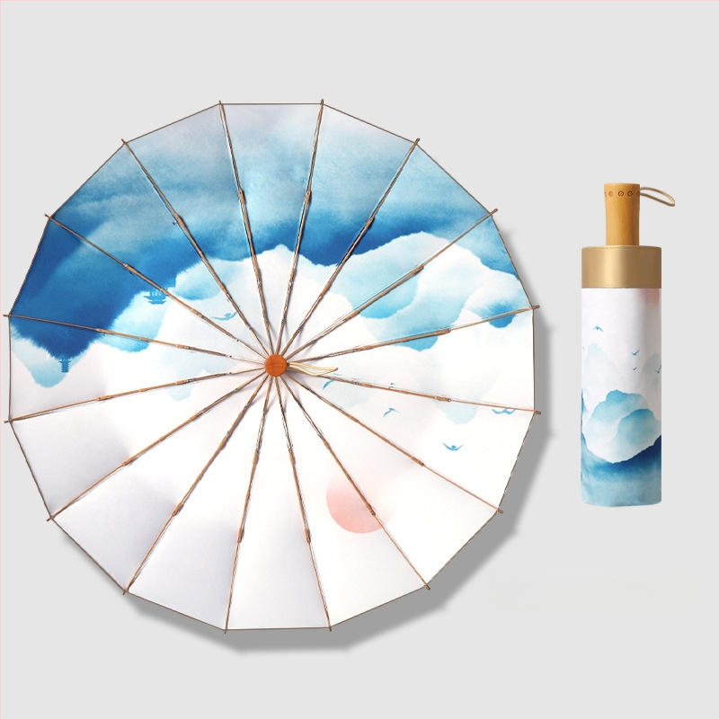 Trys dalių skėtis su 16 ribų, medinė rankenėlė, 210T audinys, UPF >50, rankinis atidarymas, japoniško retro stiliaus