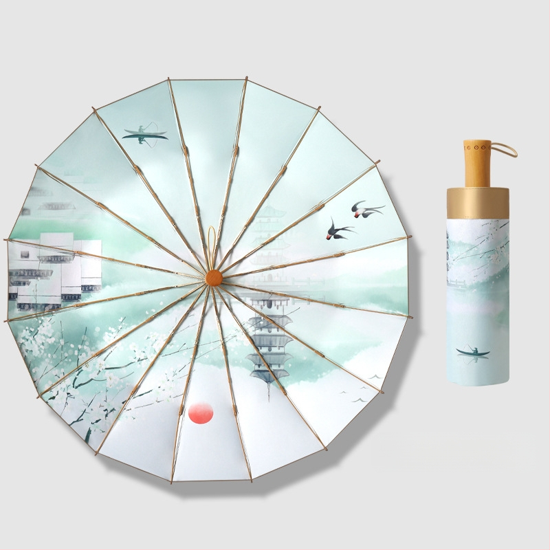 Trys dalių skėtis su 16 ribų, medinė rankenėlė, 210T audinys, UPF >50, rankinis atidarymas, japoniško retro stiliaus