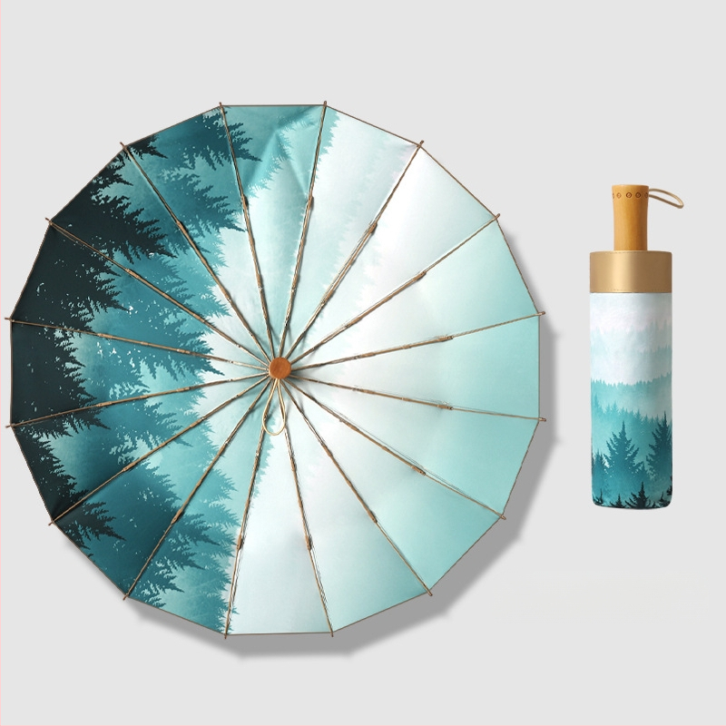 Trys dalių skėtis su 16 ribų, medinė rankenėlė, 210T audinys, UPF >50, rankinis atidarymas, japoniško retro stiliaus