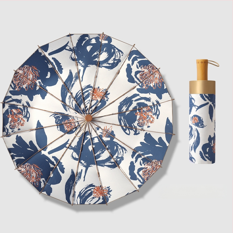 Trys dalių skėtis su 16 ribų, medinė rankenėlė, 210T audinys, UPF >50, rankinis atidarymas, japoniško retro stiliaus