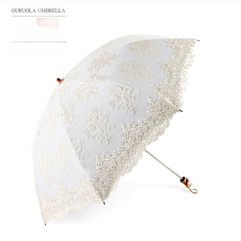 Vestuvinis skėtis su nėriniais, trilapis sulankstomas dizainas, 8 plieno rėmas, plieno kotas, plastinė rankena, audinys 190T, UPF >40