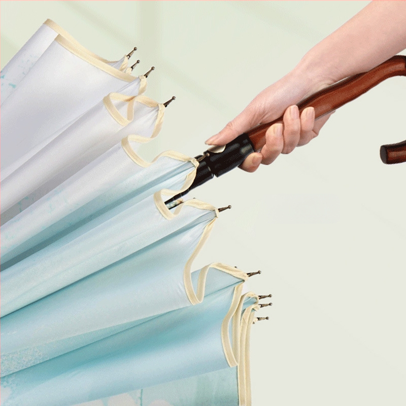 Umbrelă publicitară cu model floral, ramă 16 brațe, mâner lung, deschidere automată, închidere semi-automată, imprimare logo, țesătură 190T