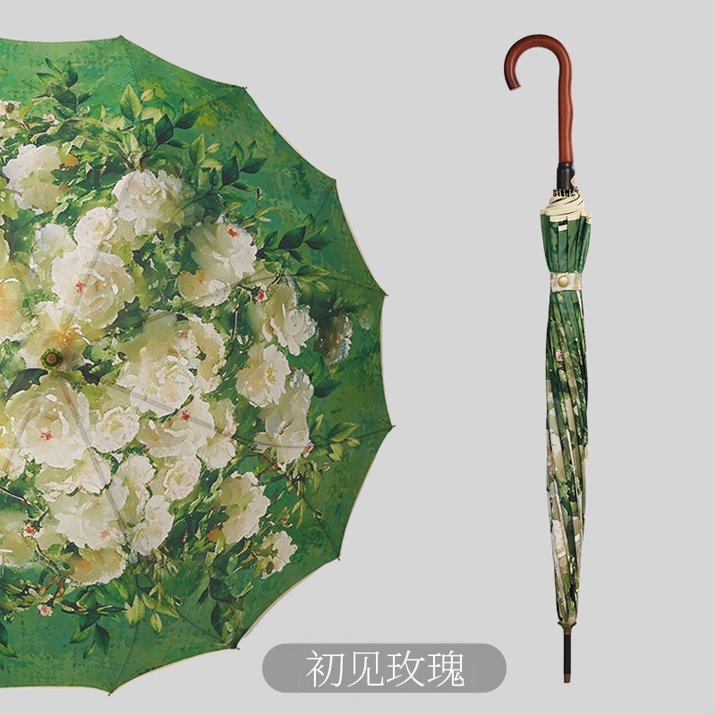 Umbrelă publicitară cu model floral, ramă 16 brațe, mâner lung, deschidere automată, închidere semi-automată, imprimare logo, țesătură 190T