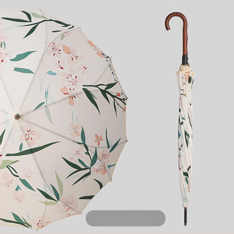 Umbrelă publicitară cu model floral, ramă 16 brațe, mâner lung, deschidere automată, închidere semi-automată, imprimare logo, țesătură 190T