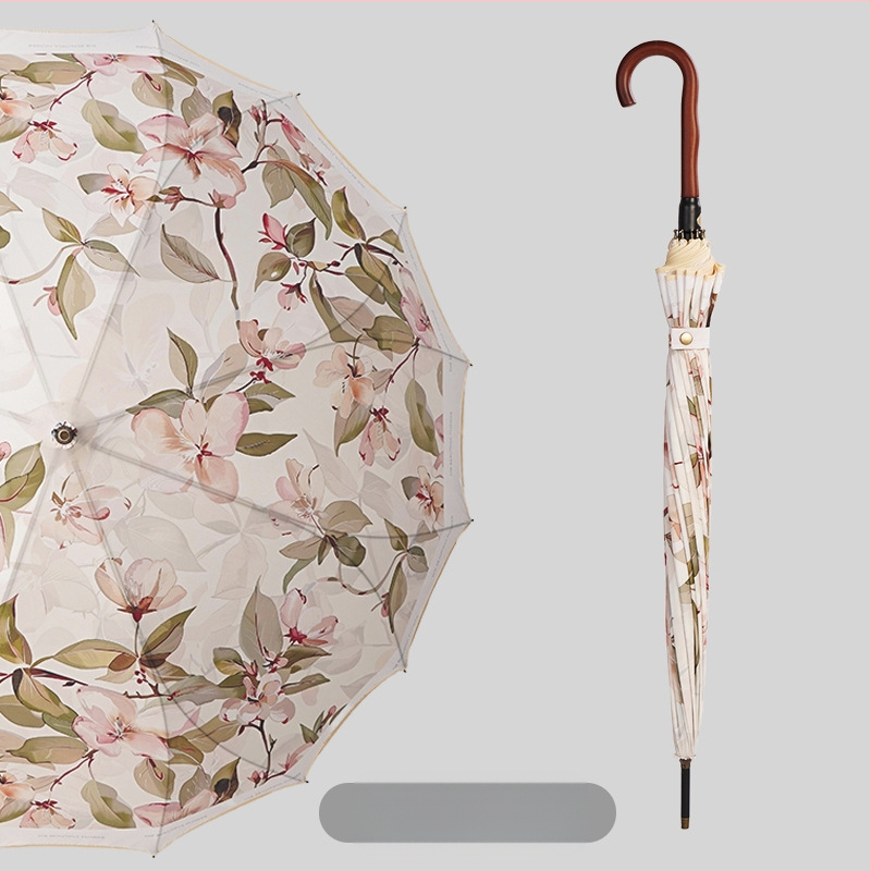 Umbrelă publicitară cu model floral, ramă 16 brațe, mâner lung, deschidere automată, închidere semi-automată, imprimare logo, țesătură 190T