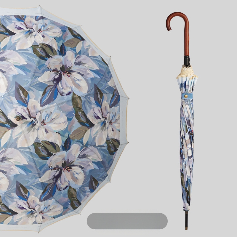 Umbrelă publicitară cu model floral, ramă 16 brațe, mâner lung, deschidere automată, închidere semi-automată, imprimare logo, țesătură 190T
