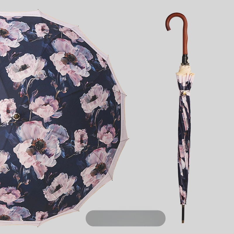 Umbrelă publicitară cu model floral, ramă 16 brațe, mâner lung, deschidere automată, închidere semi-automată, imprimare logo, țesătură 190T