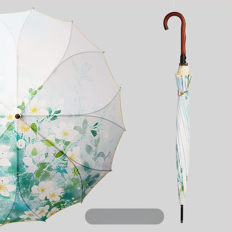 Umbrelă publicitară cu model floral, ramă 16 brațe, mâner lung, deschidere automată, închidere semi-automată, imprimare logo, țesătură 190T