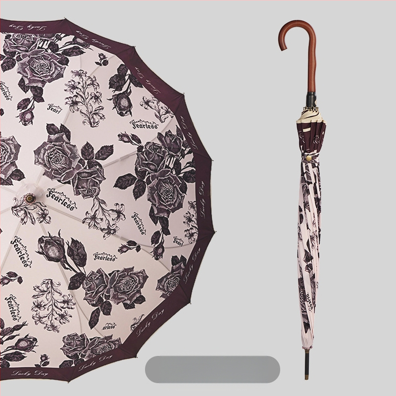Umbrelă publicitară cu model floral, ramă 16 brațe, mâner lung, deschidere automată, închidere semi-automată, imprimare logo, țesătură 190T
