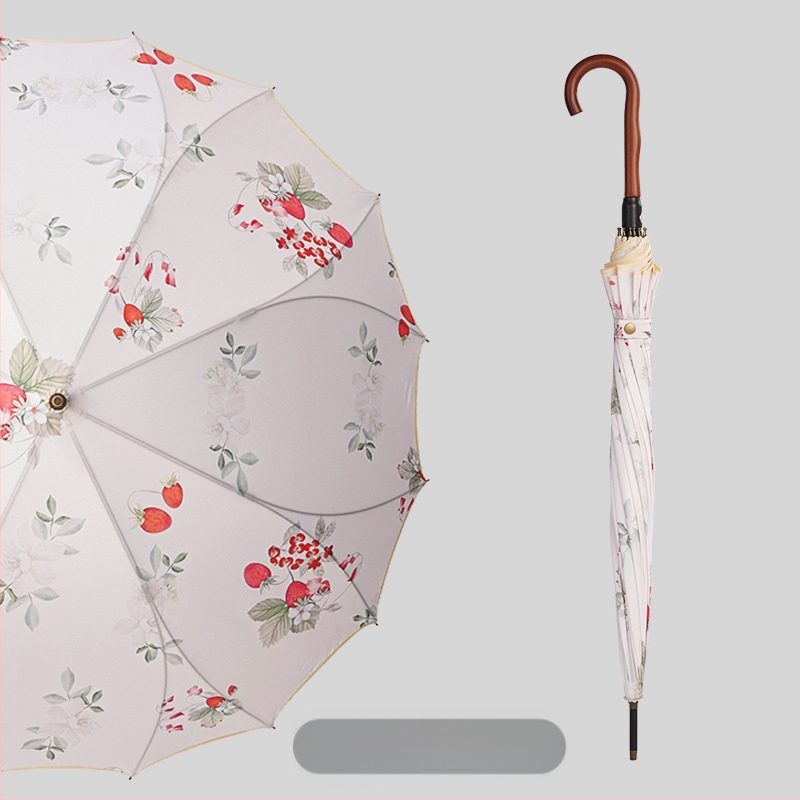 Umbrelă publicitară cu model floral, ramă 16 brațe, mâner lung, deschidere automată, închidere semi-automată, imprimare logo, țesătură 190T