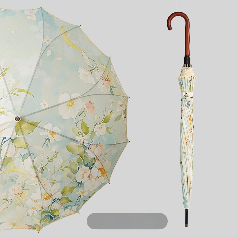 Umbrelă publicitară cu model floral, ramă 16 brațe, mâner lung, deschidere automată, închidere semi-automată, imprimare logo, țesătură 190T