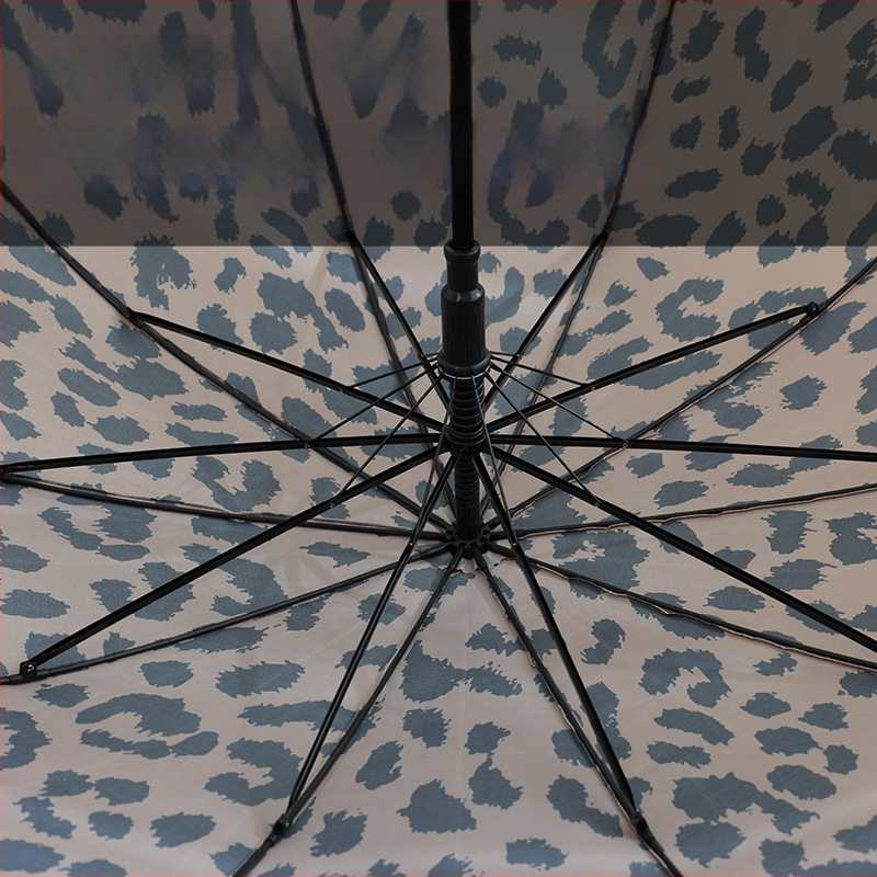 Leopardo spaudinimo retro skėtis su ilgu rankena, automatinis atidarymas, 10 briaunų, vėjo atsparus golfo skėtis, 210T audinys