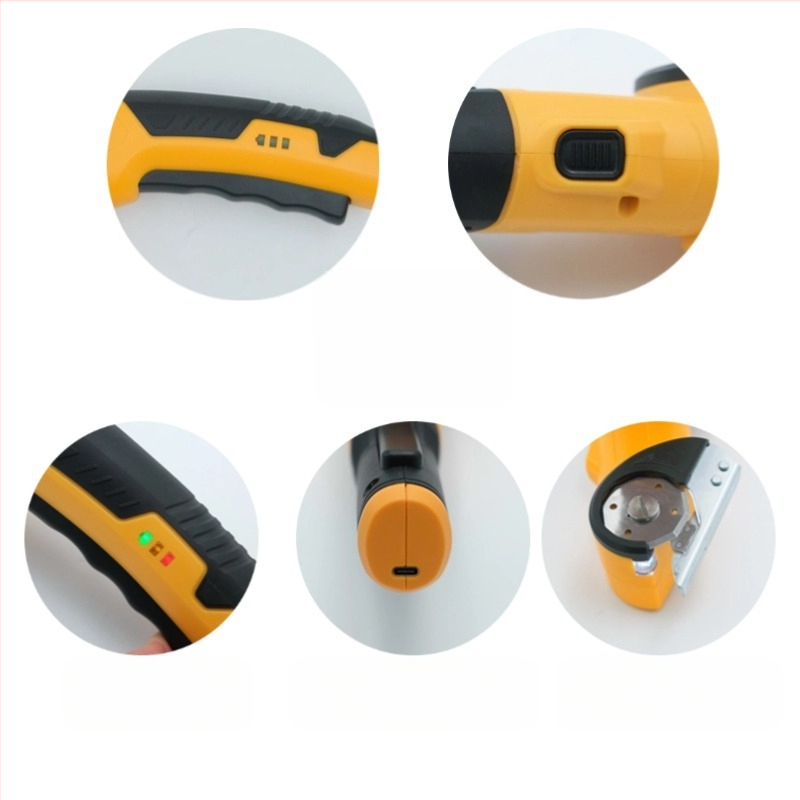 Elektrinės žirklės audiniams, kilimams ir odai – rankinės, su apvaliu peiliu; galia 10, greitis 200, maksimali pjovimo našta 10, pjovimo plotis 1