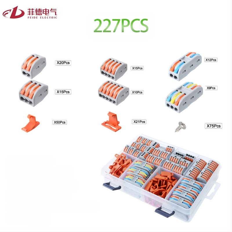 Feide Electric 227 dalių terminalinių blokų rinkinys su lankstais ir kietais laidais, universalus komplektas dėžutėje