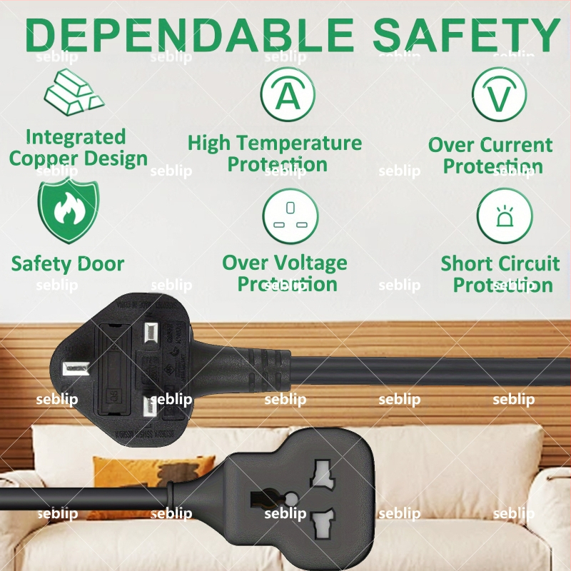 Britu standarta vadu ar universālo ligzdu, pārslodzes aizsardzība, ugunsizturīgs korpuss, droša aizvēršana dažādiem lietojumiem (16A, 220-250V, 3250W, CE)