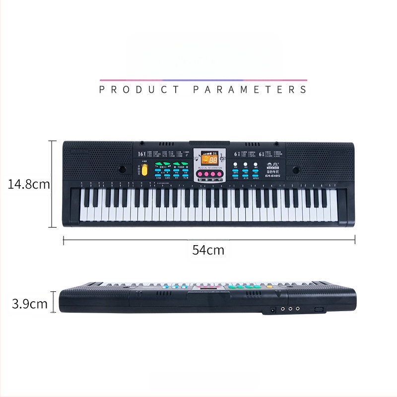 Bērnu elektroniskā klaviatūra: 61 tausti, daudzfunkcionāla ar mikrofonu un barošanas avotu; materiāls: plastmasa; izcelsme: Fujian; vecuma grupa: 4-6 gadi; 3C sertifikāts 2014152202012591