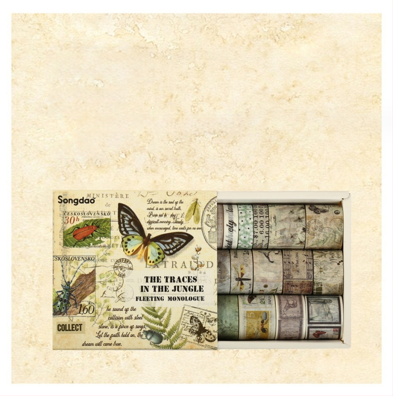 Washi lentes komplekts kastītē – antīks/retro stila dienasgrāmatai, kolāžai, DIY materiāli uz papīra un dekoratīvās uzlīmes