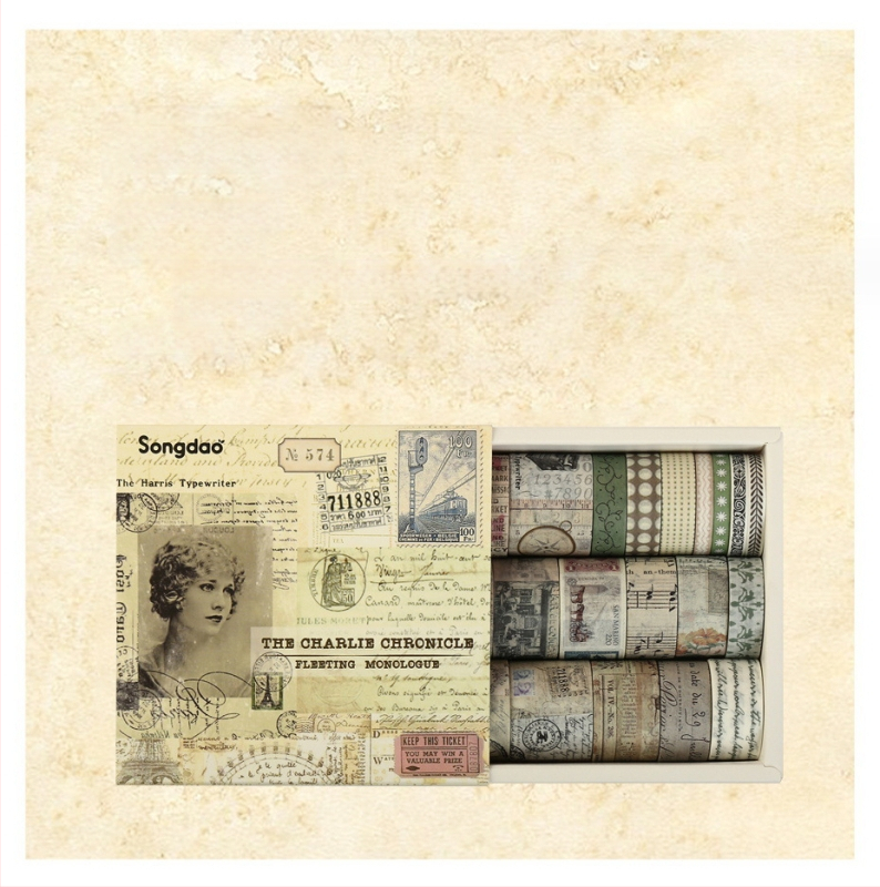 Washi lentes komplekts kastītē – antīks/retro stila dienasgrāmatai, kolāžai, DIY materiāli uz papīra un dekoratīvās uzlīmes