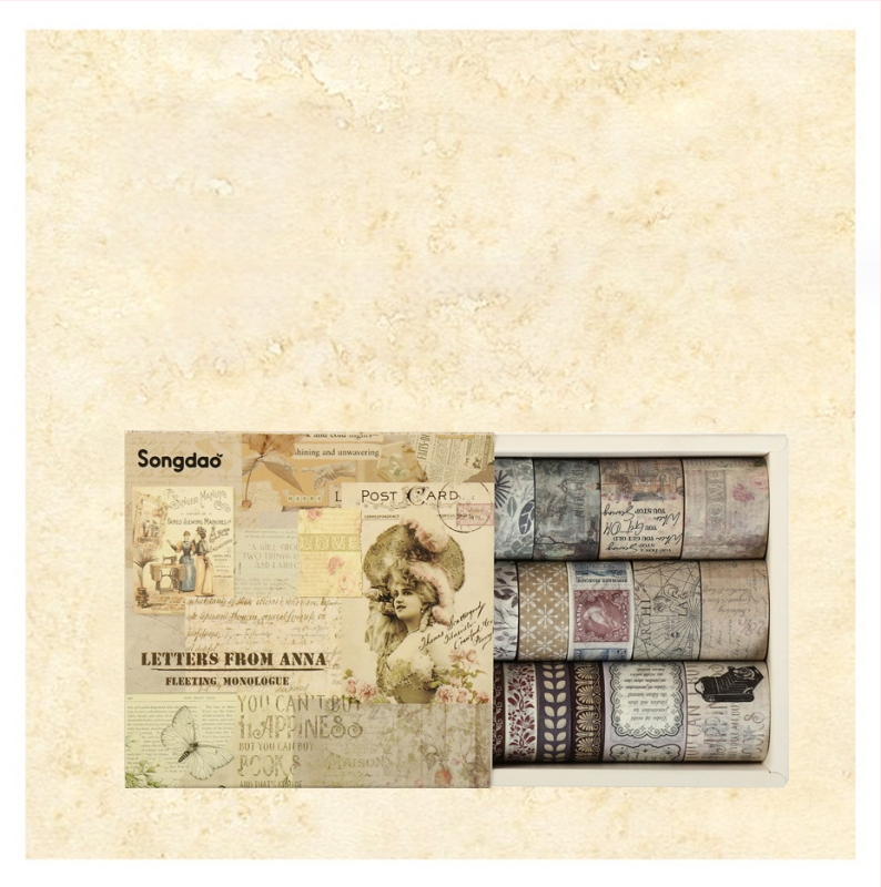 Washi lentes komplekts kastītē – antīks/retro stila dienasgrāmatai, kolāžai, DIY materiāli uz papīra un dekoratīvās uzlīmes