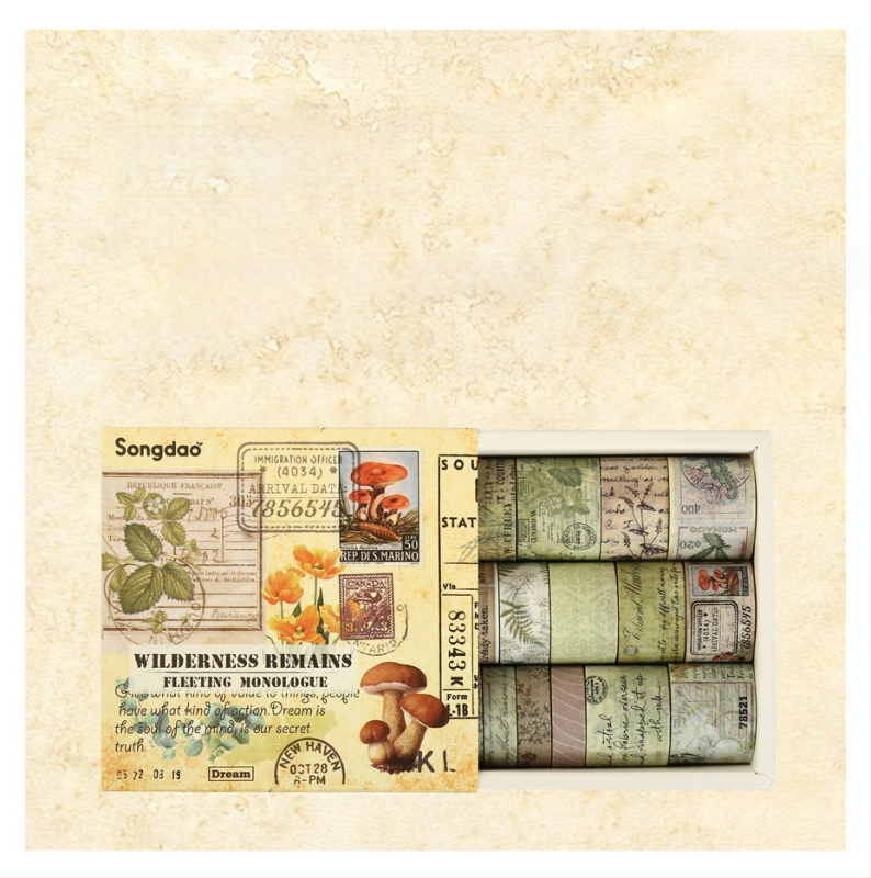 Washi lentes komplekts kastītē – antīks/retro stila dienasgrāmatai, kolāžai, DIY materiāli uz papīra un dekoratīvās uzlīmes