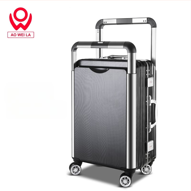 Ceļojumu čemodāns ar alumīnija rāmi un dubultu rokturi (360° riteņi, PC materiāls, ietilpība 56–75 L, ar slēdzeni)