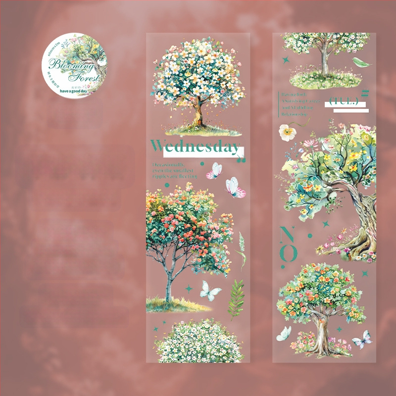 PET dekoratyvinė juosta, medžių kraštovaizdžio tema, Blooming Forest serija, spausdinta planavimui