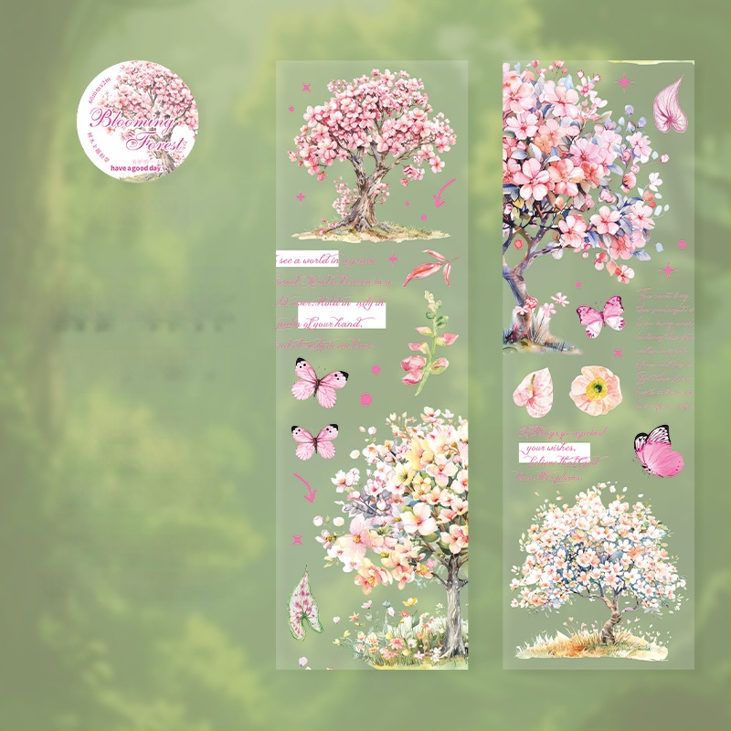 PET dekoratyvinė juosta, medžių kraštovaizdžio tema, Blooming Forest serija, spausdinta planavimui