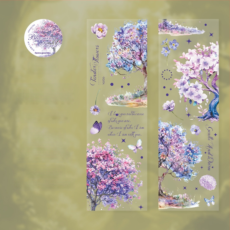 PET dekoratyvinė juosta, medžių kraštovaizdžio tema, Blooming Forest serija, spausdinta planavimui