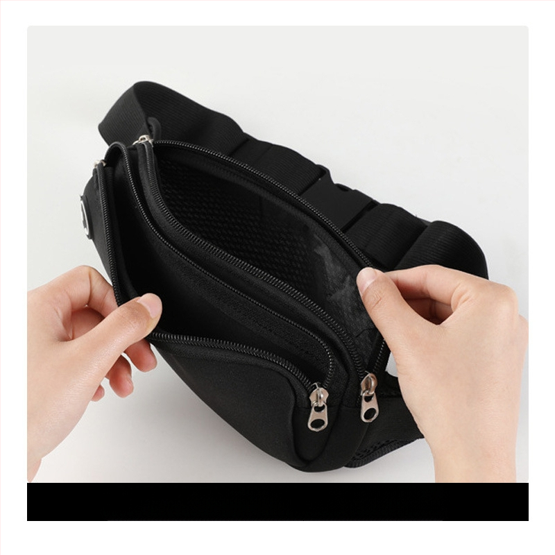 Bėgimo juosmens krepšys – universalus telefonui, atsparus vandeniui, nardymo medžiaga, užtrauktukas, vidinė tinklinė kišenė, horizontalaus kvadrato formos