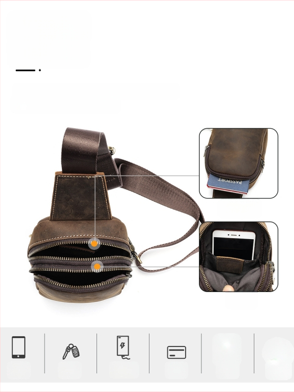 MASIWEI Мъжка чанта за гърдите - естествена кожа, горен слой телешка кожа, устойчива на износване, едноцветна, полиестрова подплата