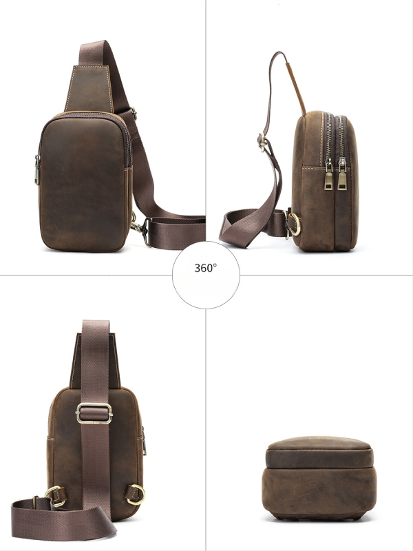 MASIWEI Мъжка чанта за гърдите - естествена кожа, горен слой телешка кожа, устойчива на износване, едноцветна, полиестрова подплата