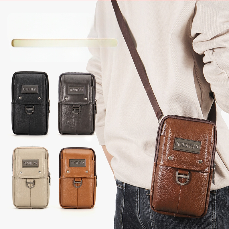 Vyrų odinė kišenė ant dirželio mobiliesiems telefonams, tikra oda, pirmojo sluoksnio karvės odos, vertikalus kvadrato formos, užtrauktukas uždarymas, verslo kelionės stilius