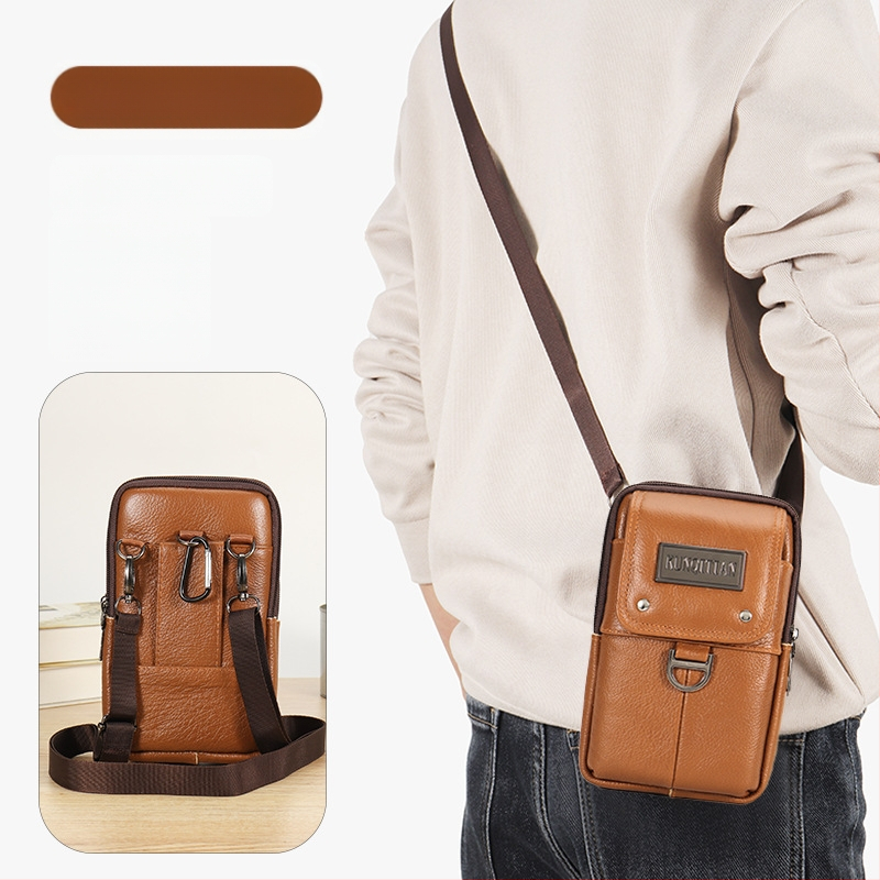 Vyrų odinė kišenė ant dirželio mobiliesiems telefonams, tikra oda, pirmojo sluoksnio karvės odos, vertikalus kvadrato formos, užtrauktukas uždarymas, verslo kelionės stilius
