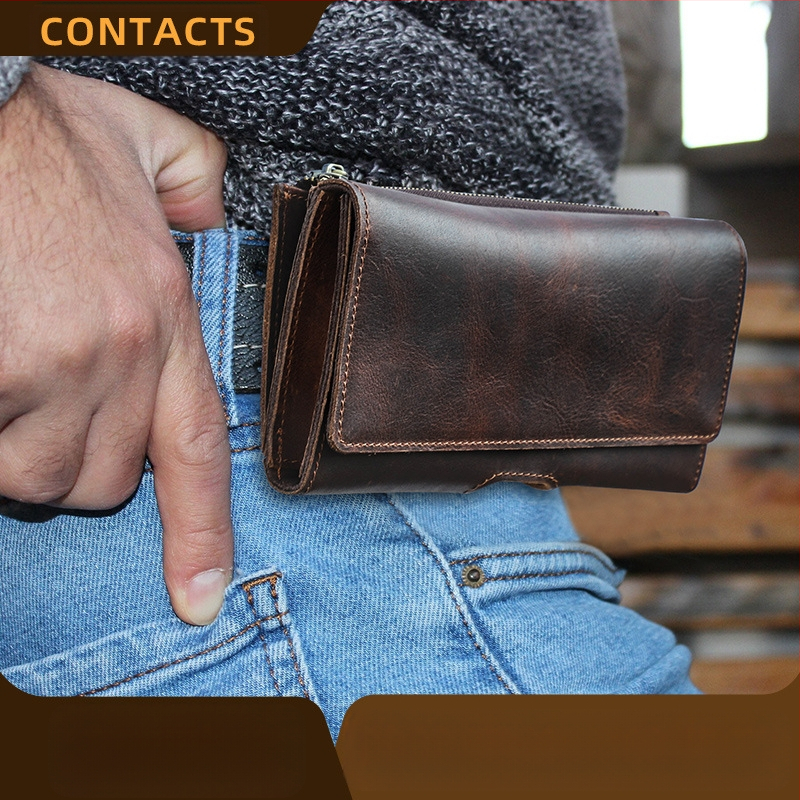 Muška pojasna torbica za telefon, od prave kože, prvi sloj kože, prozračna, višenamjenska