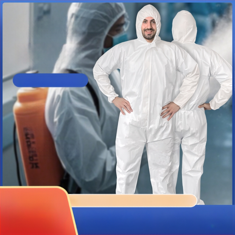 Еднократен защитен гащеризон с качулка и цип (Еднократен; вградени качулка и крачоли; цип за закопчаване; SF дишаща мембранна нетъкана материя; тегло 45 g)