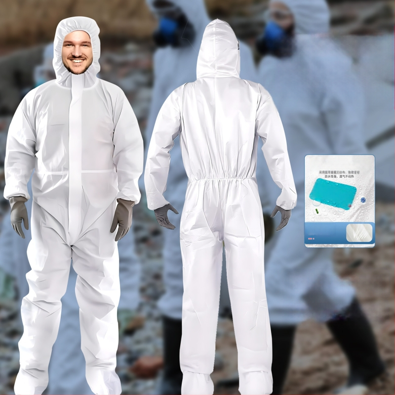 Еднократен защитен гащеризон с качулка и цип (Еднократен; вградени качулка и крачоли; цип за закопчаване; SF дишаща мембранна нетъкана материя; тегло 45 g)