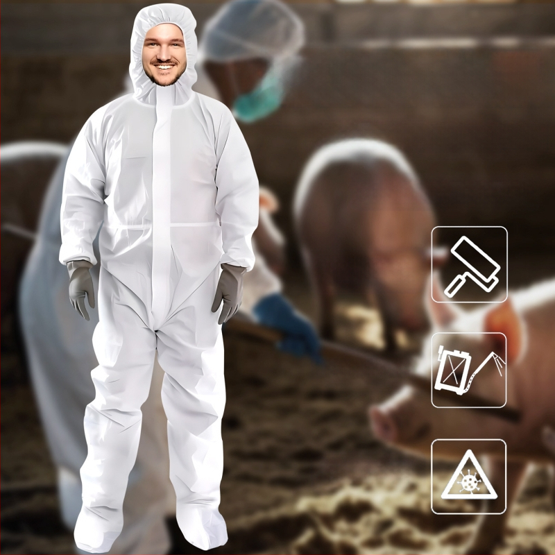 Еднократен защитен гащеризон с качулка и цип (Еднократен; вградени качулка и крачоли; цип за закопчаване; SF дишаща мембранна нетъкана материя; тегло 45 g)