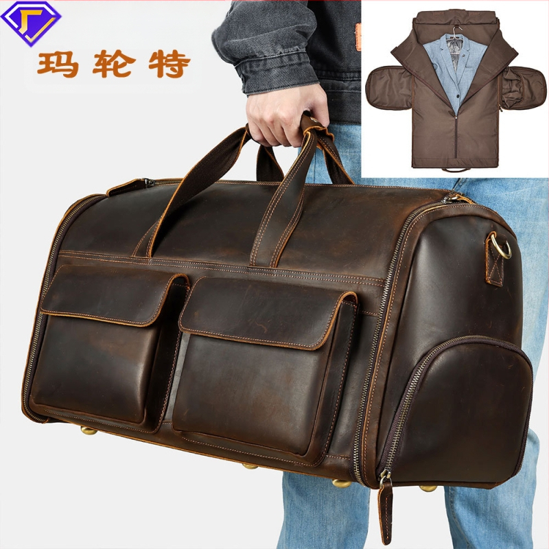 Marunte vīriešu ādas ceļojumu soma ar rokturi, biznesa stila, ietilpība 36-55 L, augstas kvalitātes govs āda, poliestera iekšpuse