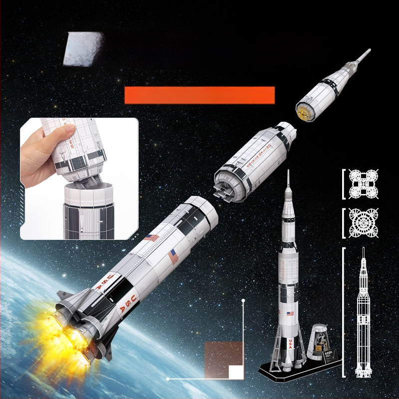 LEGO saderīgi Apollo Saturn V konstrukciju bloki ar gaismas funkciju, 800+ detaļas, ABS plastmasa, DIY draudzīgs