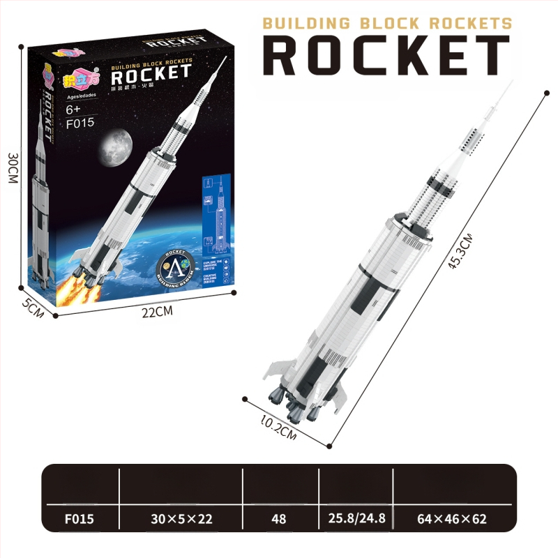 LEGO saderīgi Apollo Saturn V konstrukciju bloki ar gaismas funkciju, 800+ detaļas, ABS plastmasa, DIY draudzīgs