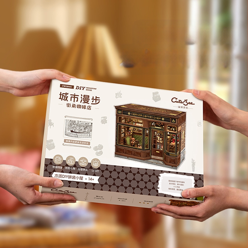 Дървен DIY 3D архитектурен модел: Corner Coffee Shop, батерийно захранване, сглобяем, CuteBee
